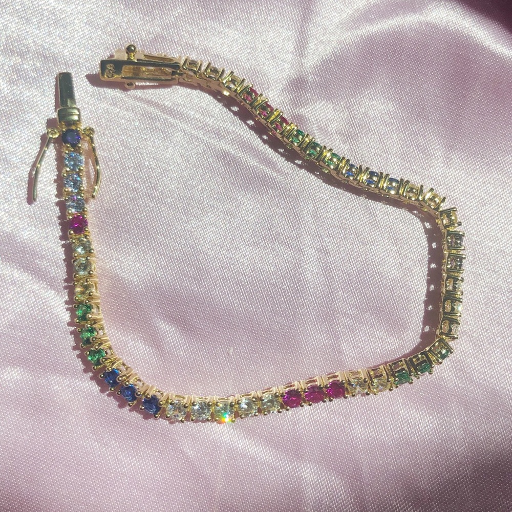 CZ yellow gold plated rainbow tennis bracelet